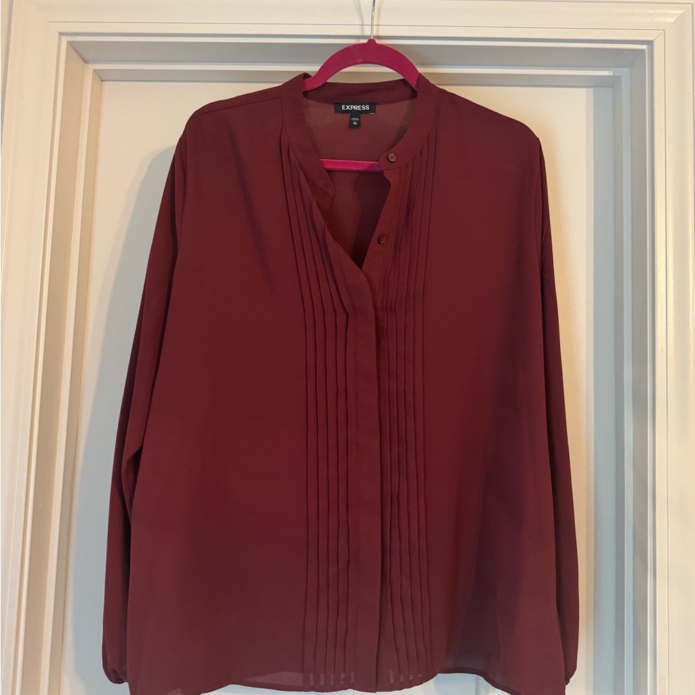 Express Women's Burgundy Pleated Front Blouse